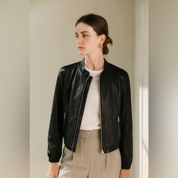 BCBGMaxAzria Leather Black Bomber Jacket Minimalist Collarless Luxury Timeless S - Picture 9 of 9